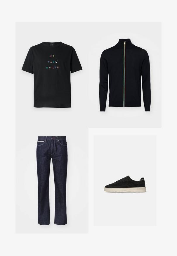 Paul Smith MEN CARDIGAN ZIP - Kardigán - black; Čierne bavlnené tričko s krátkymi rukávmi, na ktorom je vyšívaný text "PS PAUL' SMITH" v mnohých farbách usporiadaný vertikálne v modernom typografickom dizajne.; Tmavomodré džínsy so rovný strihom, jemným kontrastným šitím, piatimi vreckami a zapínaním na gombík v páse.; Čierna semišová nízka teniska s čiernymi šnúrkami a bielou gumovou podrážkou, bočný pohľad na jednotnom svetlosivom pozadí.