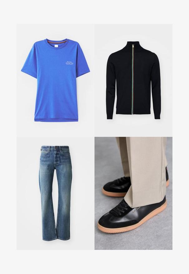Paul Smith MEN CARDIGAN ZIP - Vest - black; Blauwe katoenen t-shirt met korte mouwen, ronde hals, met witte bedrukte tekst op de bovenkant links. Glad textuur en een ontspannen pasvorm.; Denim jeans in een licht tot gemiddeld blauwe kleur, met een recht gesneden pijp, klassiek vijf-pocket ontwerp en subtiele vervaging aan de voorkant.; Paul Smith COMO - Sneakers laag - black