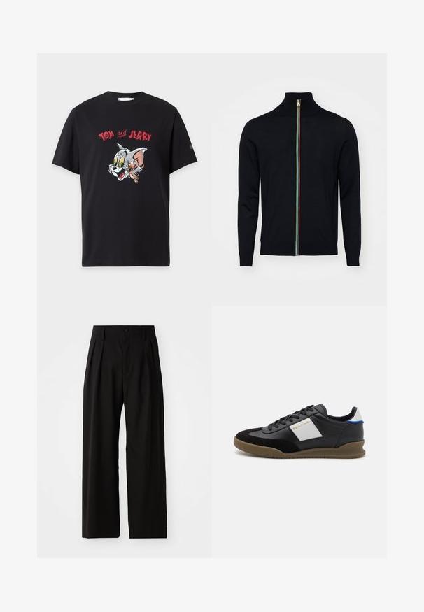 Paul Smith MEN CARDIGAN ZIP - Cardigan - black; Black short-sleeve T-shirt with colorful Tom and Jerry cartoon faces and red text "Tom Jerry" above the characters.; Black wide-leg trousers with a smooth texture, featuring two front pleats, a button closure, and side pockets. Durable fabric.; Black leather and suede sneakers with a grey panel, brown rubber sole, and blue accent on the heel. Features laces and embossed logo.