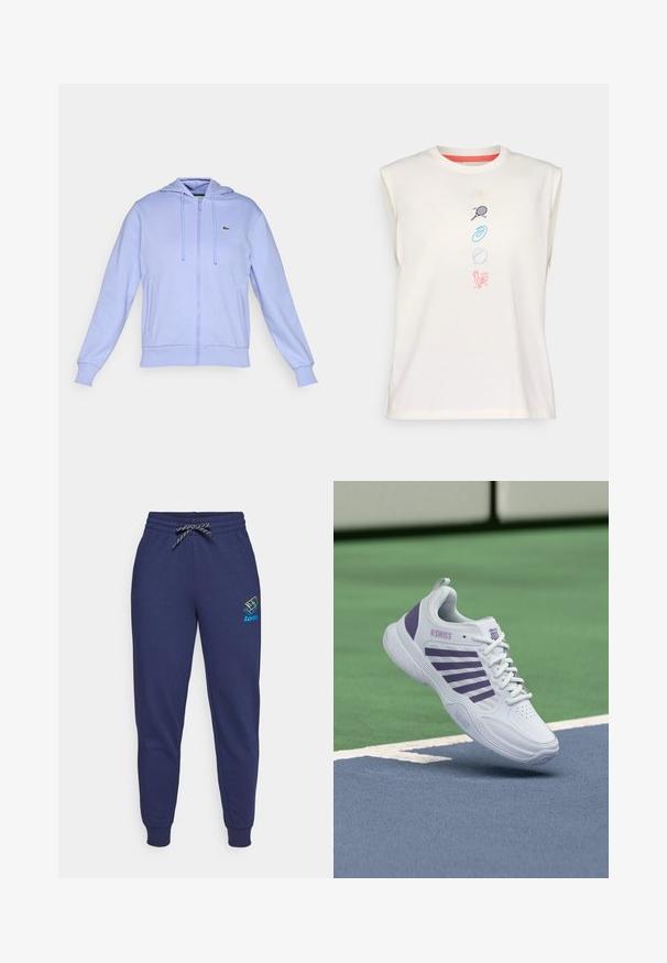 Lys lilla zip-up hoodie med frontlommer, snor i hætten, ribbede manchetter og et lille grønt krokodille-logo på venstre bryst.; Lyscremet bomulds ærmeløs t-shirt med rund hals, prydet med farverige broderede ikoner: muslingeskal, tennisracket, spiral, bold, høne.; Mørkeblå sweatpants med snor i taljen og ankelsyninger. Har et Lotto-logo i livlige farver på venstre lår. Lavet af blødt stof.; Hvid og lilla K-Swiss tennissko svævende over en blå og grøn tennisbane med hvide afgrænsningslinjer.