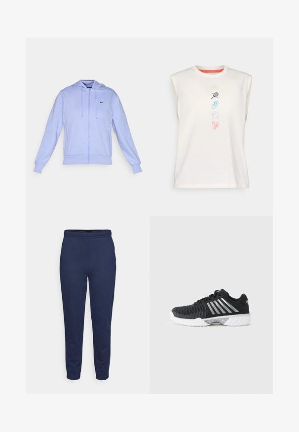 Sudadera de cremallera de color púrpura claro con bolsillos frontales, capucha con cordón, puños acanalados y un pequeño logo de cocodrilo verde en el lado izquierdo del pecho.; Camiseta sin mangas de algodón en color crema claro con cuello redondo, que presenta coloridos iconos bordados: concha de mar, raqueta de tenis, espiral, pelota, gallo.; Pantalones de chándal azul marino con cintura elástica y puños en los tobillos, vista frontal, hechos de una tela suave para el uso casual.; Zapatilla deportiva negra con suela blanca antideslizante, rayas blancas diagonales en el lateral, puntera texturizada y cierre de cordones sobre un fondo gris.