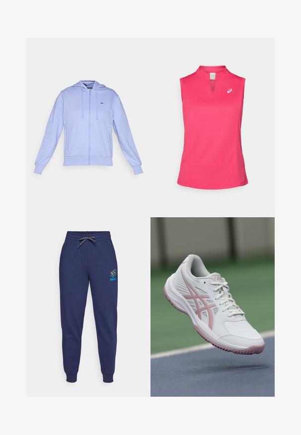 Sudadera de cremallera de color púrpura claro con bolsillos frontales, capucha con cordón, puños acanalados y un pequeño logo de cocodrilo verde en el lado izquierdo del pecho.; ASICS COURT TANK - Top - bright rose; Pantalones de chándal azul marino con cintura ajustable y puños en los tobillos. Presenta un logo de Lotto en colores vibrantes en el muslo izquierdo. Hechos de una tela suave.; Zapatilla deportiva blanca con toques rosas, material sintético, punta redondeada, lados de malla y suela texturizada. Cordones en la parte frontal y marca ASICS visible.