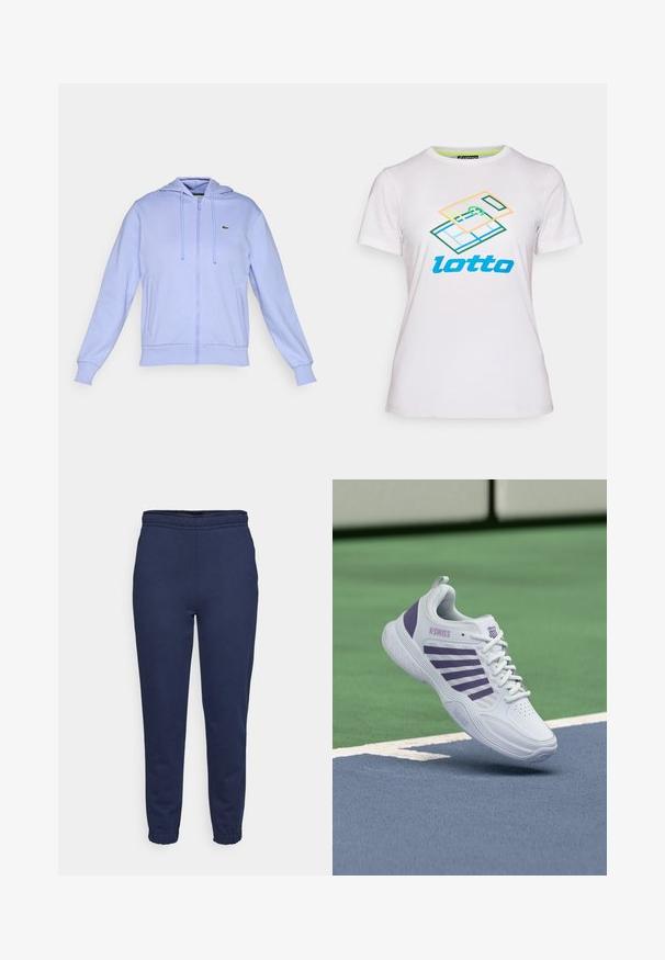 Lys lilla zip-up hoodie med frontlommer, snor i hætten, ribbede manchetter og et lille grønt krokodille-logo på venstre bryst.; Hvid kortærmet t-shirt lavet af bomuld, med et farverigt geometrisk grafisk design og "lotto" logo i blåt på forsiden.; Marineblå svedbukser med elastisk talje og ankelsnøre, set forfra, lavet af blødt stof til afslappet brug.; Hvid og lilla K-Swiss tennissko svævende over en blå og grøn tennisbane med hvide afgrænsningslinjer.