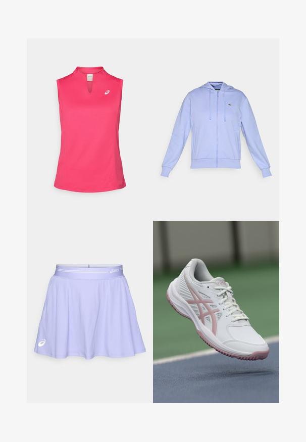Hellblauer Zip-Hoodie mit Fronttaschen, Kordelzugkapuze, gerippten Bündchen und einem kleinen grünen Krokodil-Logo auf der linken Brust.; ASICS COURT TANK - Top - bright rose; Helle lila Sportrock aus dehnbarem Stoff. Mit einem breiten Bund mit einem weißen Akzent und einem Logo auf der unteren linken Seite.; Weißer Sportschuh mit pinken Akzenten, synthetisches Material, runde Zehenbox, Netzseiten und strukturierte Sohle. Vorderes Schnürsystem und ASICS-Logo sichtbar.