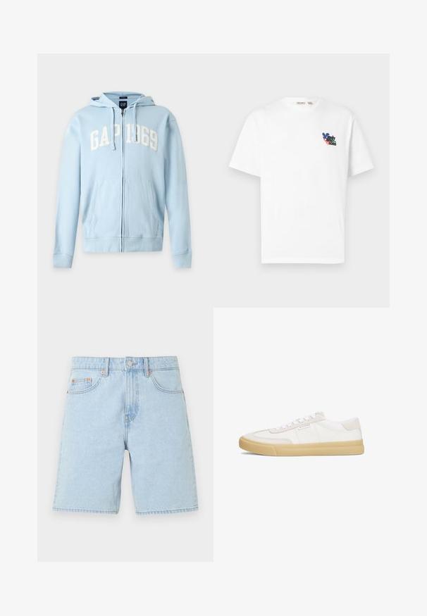 Sweat à capuche bleu clair zippé avec poches avant et capuche, avec "GAP 1969" en lettres blanches sur la poitrine.; T-shirt blanc à manches courtes avec petit logo floral coloré et texte "only & sons" sur la poitrine gauche.; Short en denim bleu clair avec poches avant, passants de ceinture, bouton en métal et fermeture éclair sur un fond blanc uni.; Baskets blanches en cuir et daim, avec un design à lacets, une semelle en caoutchouc beige et un petit logo sur le côté.