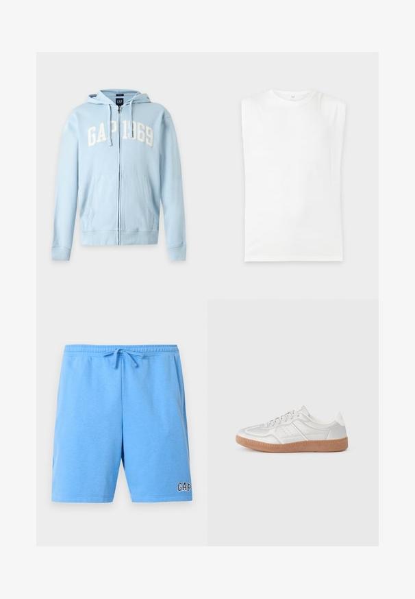 Sweat à capuche bleu clair zippé avec poches avant et capuche, avec "GAP 1969" en lettres blanches sur la poitrine.; T-shirt blanc uni sans manches avec épaules rembourrées et col rond, présenté sur un fond gris clair.; Shorts décontractés bleu clair avec taille élastique et cordon, avec un petit logo "GAP" sur la partie inférieure de la jambe droite.; Baskets argentées avec une texture lisse, un design à lacets, des accents perforés et une semelle en caoutchouc marron texturé.