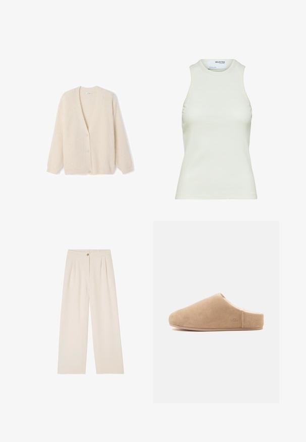 Cardigan couleur crème, texture côtelée, col en V, boutons sur le devant, manches longues, tissu doux, coupe décontractée.; Débardeur blanc sans manches côtelé avec encolure ronde de Selected Femme, vue de face sans motifs ni décorations.; Pantalons beige à jambes larges avec une texture douce, présentant une fermeture à bouton à l'avant, des plis à la taille et une ceinture arrière élastiquée.; Chausson beige en daim à enfiler, doublure en peluche et semelle plate, bout fermé, arrière ouvert, avec un logo discret "UGG" sur le côté.