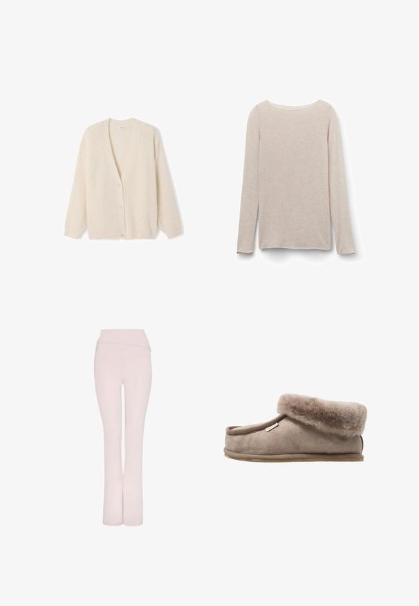 Gebroken-witte cardigan, geribbelde textuur, V-hals, knopen aan de voorkant, lange mouwen, zachte stof, ontspannen pasvorm.; Lichtroze T-shirt met lange mouwen en een ontspannen ronde hals, gemaakt van zachte stof met een subtiele heatherstructuur.; Lichtroze uitlopende broek met een brede tailleband en een gladde textuur. Heeft een schoon, gestroomlijnd ontwerp zonder extra versieringen.; Bruine suède slipper met een zachte, donzige rand, afgeronde neus en een gestructureerde zool. Het ontwerp heeft een gestikte rand en een klein label.