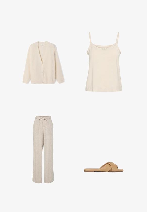 Cardigan couleur crème, texture côtelée, col en V, boutons sur le devant, manches longues, tissu doux, coupe décontractée.; Camisole beige clair en tissu doux, avec de fines bretelles réglables et un décolleté en V, offrant une coupe légèrement décontractée.; Pantalon beige coupe ample avec jambes larges, taille élastique et cordon noué à l'avant.; Sandales à glissière en cuir tan avec un design supérieur noué, semelle plate et texture lisse, conçues pour un usage décontracté.