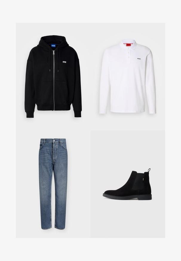 Schwarze Zip-Hoodie aus weichem Stoff, mit einer Fronttasche, Kordelzugkapuze und einem kleinen weißen Logo auf der linken Brust.; Weißes Langarm-Polohemd aus Baumwolle mit Kragen, Drei-Knopf-Leiste und schwarzem "HUGO"-Logo auf der linken Brust.; Gerade geschnittene blaue Jeans aus Denim mit hoher Taille, Frontknopfverschluss und Fünf-Taschen-Design auf einem schlichten hellen Hintergrund.; Schwarze Wildleder Chelsea-Boots mit elastischen seitlichen Einsätzen, runder Spitze und einer niedrigen Gummisohle. Mit einem Zugtab an der Rückseite für einfaches Anziehen.