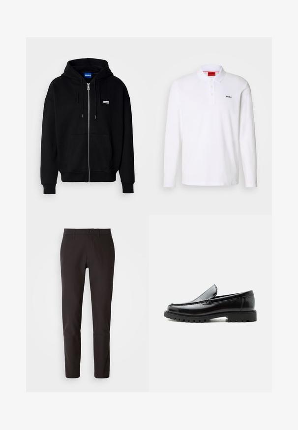 Zwarte ritshoodie van zacht materiaal, met een voorkantzak, een capuchon met koorden en een klein wit logo op de linkerborst.; Witte lange mouwen polo-shirt gemaakt van katoen, met een kraag, een drie-knops sluiting en een zwart "HUGO" logo op de linkerborst.; Zwarte broeken van gladde stof, met een rechte snit, een standaard tailleband met een knoopsluiting, en zonder zichtbare zakken of patronen.; Zwarte leren loafer met dikke rubberen zool, gestikte bovenkant en gegraveerde merknaam op de hiel, zijaanzicht op witte achtergrond.