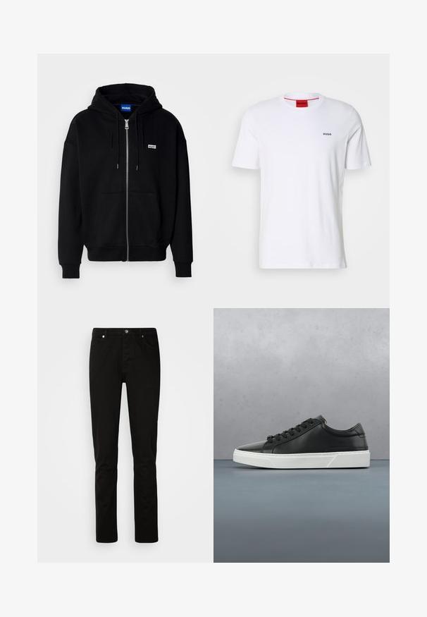 Sort hættejakke med lynlås lavet af blødt stof, med en forlomme, snoretræk i hætten og et lille hvidt logo på venstre bryst.; Hvid bomulds t-shirt med korte ærmer, en rund udskæring og lille sort "HUGO" logo på venstre bryst. Har rød indvendig halslabel.; Sorte jeans med lige ben med foran knap- og lynlåslukning, for- og baglommer, vist på en lys ensartet baggrund.; Sorte lædersneakers med rund tå, tekstureret overflade, hvid gummisål og sorte snørebånd. Minimalistisk design med en slank profil.