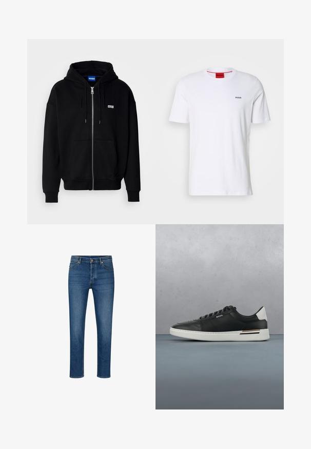 Schwarze Zip-Hoodie aus weichem Stoff, mit einer Fronttasche, Kordelzugkapuze und einem kleinen weißen Logo auf der linken Brust.; Weißes Baumwoll-T-Shirt mit kurzen Ärmeln, Rundhalsausschnitt und kleinem schwarzen "HUGO"-Logo auf der linken Brust. Verfügt über ein rotes Etikett im Nacken.; Blaue Denim-Jeans mit geradem Schnitt, ausgestattet mit fünf Taschen, Gürtelschlaufen und einem Knopfverschluss. Leichte Abnutzungsspuren und kontrastierende Nähte.; Schwarze Ledersneaker mit weißer Sohle, ausgestattet mit Perforationen, Schnürdesign, Logo an der Seite und kontrastierenden Fersendetails in Weiß und Braun.