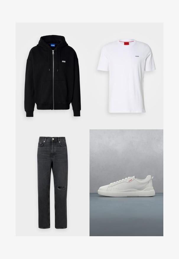 Schwarze Zip-Hoodie aus weichem Stoff, mit einer Fronttasche, Kordelzugkapuze und einem kleinen weißen Logo auf der linken Brust.; Weißes Baumwoll-T-Shirt mit kurzen Ärmeln, Rundhalsausschnitt und kleinem schwarzen "HUGO"-Logo auf der linken Brust. Verfügt über ein rotes Etikett im Nacken.; Schwarze Denim-Jeans mit geradem Bein, featuring ein zerrissenes Knie, Fünf-Taschen-Design und Metallbeschläge an der Taille und den Taschen.; Weiße Sneaker aus glattem Leder, runde Spitze, vier Ösen, dezente Perforationen und ein rotes Logodetail an der Seite.
