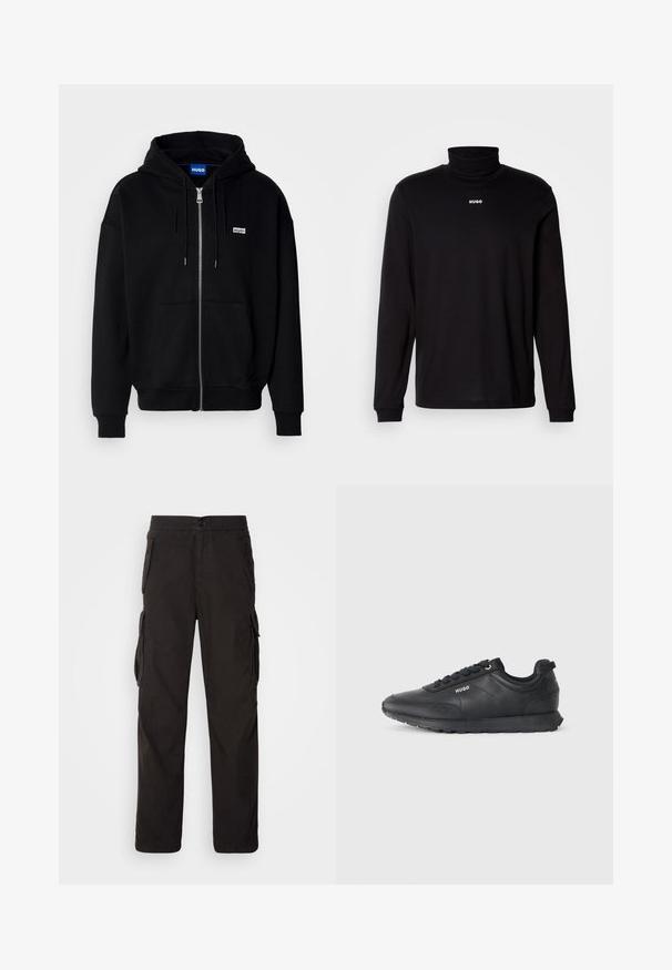 Hoodie zippé noir en tissu doux, avec une poche avant, une capuche à cordon et un petit logo blanc sur la poitrine gauche.; T-shirt à col roulé noir à manches longues en tissu lisse, avec un logo "HUGO" blanc sur la poitrine, doté de poignets et d'un ourlet ajustés.; Pantalons cargo noirs avec une coupe droite, une taille élastique, plusieurs poches latérales et un tissu texturé pour plus de durabilité.; Baskets basses noires avec fermeture à lacets, détails texturés et logo "HUGO" sur le côté, présentées de profil sur fond blanc.