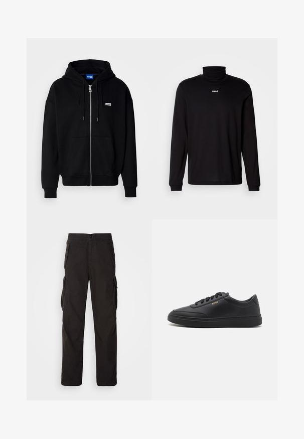 Hoodie zippé noir en tissu doux, avec une poche avant, une capuche à cordon et un petit logo blanc sur la poitrine gauche.; T-shirt à col roulé noir à manches longues en tissu lisse, avec un logo "HUGO" blanc sur la poitrine, doté de poignets et d'un ourlet ajustés.; Pantalons cargo noirs avec une coupe droite, une taille élastique, plusieurs poches latérales et un tissu texturé pour plus de durabilité.; Baskets en cuir noir avec une texture lisse, bout rond, semelle en caoutchouc plate et lacets ton sur ton. Présente une marque "BOSS" dorée sur le côté.