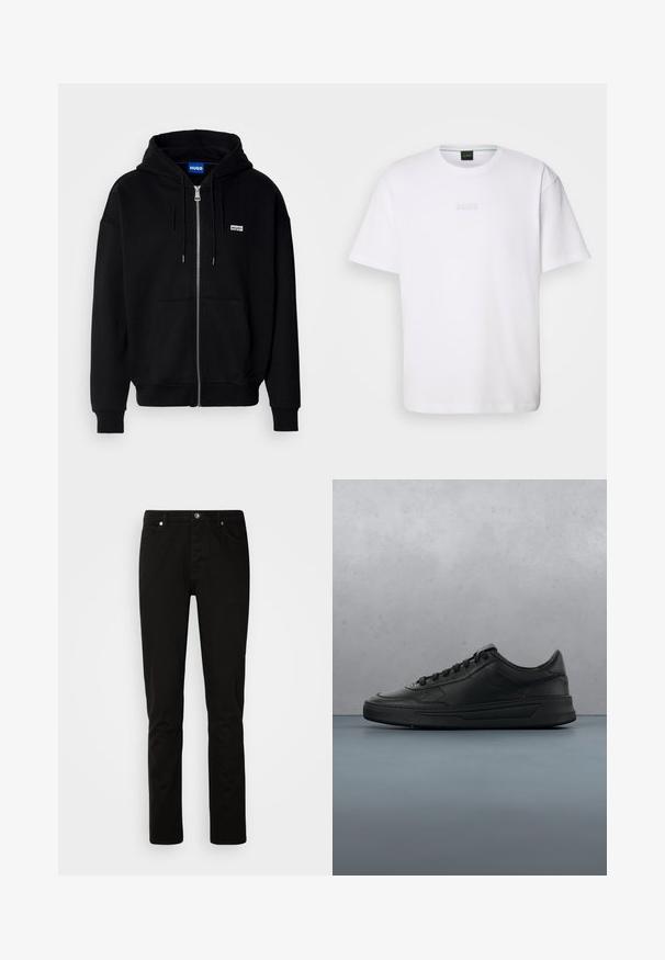 Schwarze Zip-Hoodie aus weichem Stoff, mit einer Fronttasche, Kordelzugkapuze und einem kleinen weißen Logo auf der linken Brust.; Weißes Baumwoll-T-Shirt mit kurzen Ärmeln, rundem Ausschnitt und geprägtem "BOSS"-Logo auf der Brust. Glatte Textur, normale Passform.; Schwarze Jeans mit geradem Bein, vorne mit Knopf- und Reißverschluss, Vorder- und Gesäßtaschen, dargestellt vor einem schlichten hellen Hintergrund.; Schwarze Sneaker mit glattem Lederobermaterial, runder Zehenpartie, flachen Schnürsenkeln, gepolstertem Kragen und minimalistischem Design. Gummisohle mit subtiler Profilierung.
