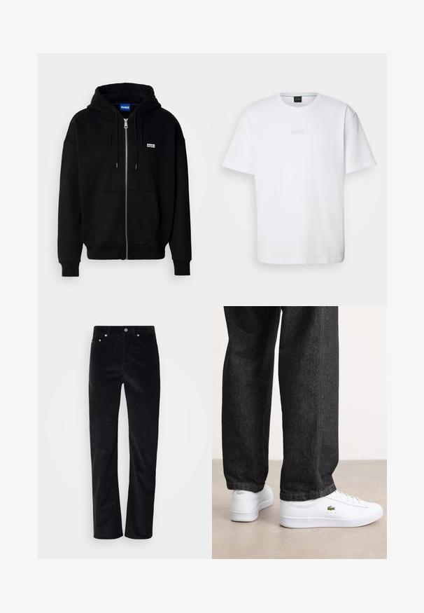 Zwarte ritshoodie van zacht materiaal, met een voorkantzak, een capuchon met koorden en een klein wit logo op de linkerborst.; Witte katoenen T-shirt met korte mouwen, ronde halslijn en reliëf 'BOSS' logo op de borst. Veilig textuur, standaard pasvorm.; Zwarte corduroybroek met een straight leg ontwerp. Voorzien van een knoopsluiting en vijf-pocket styling. Gestructureerde geribbelde stof.; Witte leren sneakers met een laag profiel en een groen logo, gecombineerd met donkere spijkerbroek met gele stiksels.