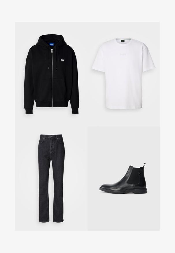 Hoodie zippé noir en tissu doux, avec une poche avant, une capuche à cordon et un petit logo blanc sur la poitrine gauche.; T-shirt en coton blanc à manches courtes, col rond, avec un logo « BOSS » en relief sur la poitrine. Texture lisse, coupe standard.; Jean en denim noir taille haute avec fermeture à bouton et à glissière, poches avant et arrière, et coupe droite.; Bottines Chelsea en cuir noir avec des panneaux élastiques sur les côtés, une languette arrière et une semelle en caoutchouc plate. Texture lisse avec un minimum de détails.