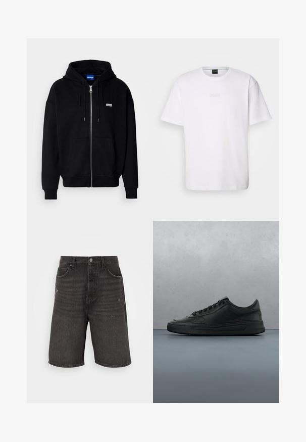 Schwarze Zip-Hoodie aus weichem Stoff, mit einer Fronttasche, Kordelzugkapuze und einem kleinen weißen Logo auf der linken Brust.; Weißes Baumwoll-T-Shirt mit kurzen Ärmeln, rundem Ausschnitt und geprägtem "BOSS"-Logo auf der Brust. Glatte Textur, normale Passform.; Schwarze Jeansshorts mit lockerer Passform, die über Fronttaschen, eine gebraucht aussehende Textur und einen klassischen Bund mit einem einzelnen Knopfverschluss verfügen.; Schwarze Sneaker mit glattem Lederobermaterial, runder Zehenpartie, flachen Schnürsenkeln, gepolstertem Kragen und minimalistischem Design. Gummisohle mit subtiler Profilierung.
