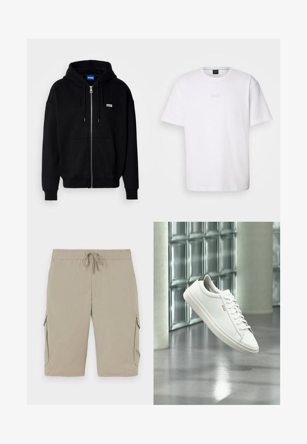 Must mustaga hoodie, mis on valmistatud pehmest kangast, millel on eesmine tasku, nööriga kapuuts ja väike valge logo vasakul rinnal.; Valge puuvillane T-särk lühikeste varrukatega, ümar kaelus ja reljeefne "BOSS" logo rinnal. Lame tekstuur, standardne lõige.; Bežid cargo lühikesed püksid elastse vöökoha ja nööriga. Omab küljetaskuid ning sujuvat, kerget kangast.; Valge nahast madala säärega tenniskingad paeltega, must kannaosa ja "BOSS" logo, hõljuvad siseruumis klaasplokkidest seina ja läikiva põranda lähedal.