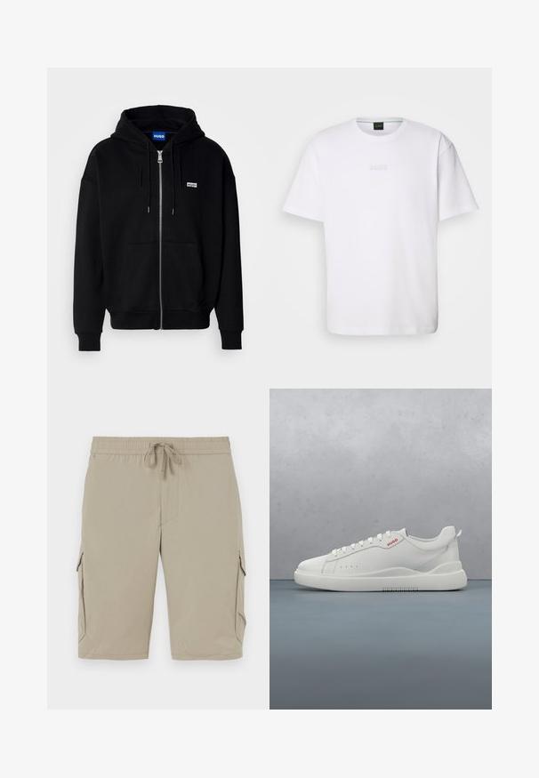 Schwarze Zip-Hoodie aus weichem Stoff, mit einer Fronttasche, Kordelzugkapuze und einem kleinen weißen Logo auf der linken Brust.; Weißes Baumwoll-T-Shirt mit kurzen Ärmeln, rundem Ausschnitt und geprägtem "BOSS"-Logo auf der Brust. Glatte Textur, normale Passform.; Beige Cargo-Shorts mit elastischem Bund und Kordelzug. Sie verfügen über Seitentaschen und einen glatten, leichten Stoff.; Weiße Sneaker aus glattem Leder, runde Spitze, vier Ösen, dezente Perforationen und ein rotes Logodetail an der Seite.