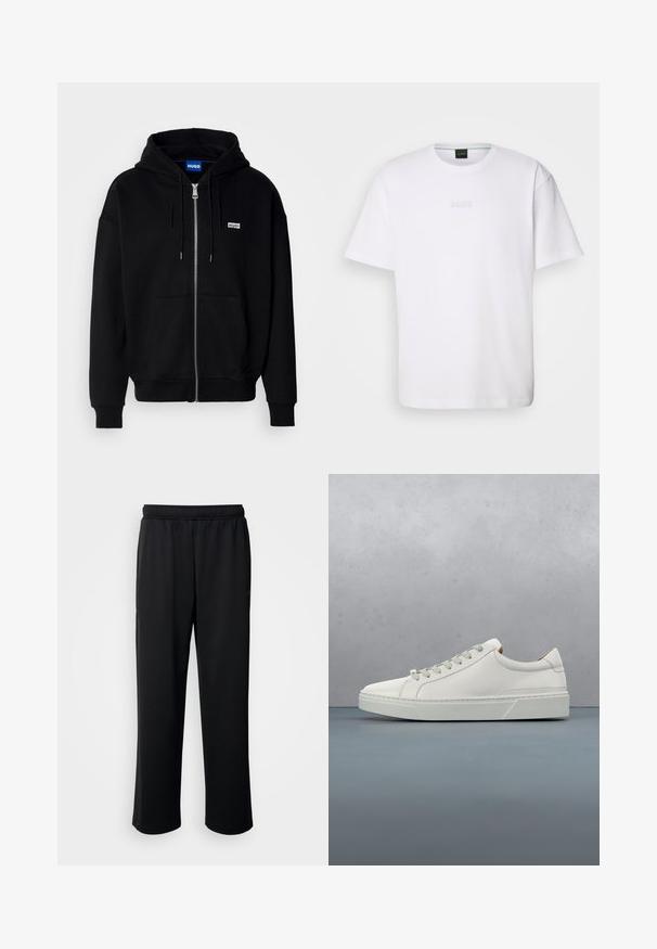 Zwarte ritshoodie van zacht materiaal, met een voorkantzak, een capuchon met koorden en een klein wit logo op de linkerborst.; Witte katoenen T-shirt met korte mouwen, ronde halslijn en reliëf 'BOSS' logo op de borst. Veilig textuur, standaard pasvorm.; Zwarte sportbroek van zachte, ademende stof. Beschikt over een elastische tailleband en rechte pijpen zonder opvallende accenten of patronen.; Witte leren sneaker met een ronde neus, minimalistisch ontwerp, grijze veters en een gestructureerde grijze rubberen zool. Fijne stikdetails zichtbaar.