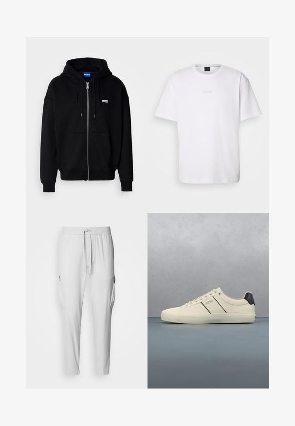 Sort hættejakke med lynlås lavet af blødt stof, med en forlomme, snoretræk i hætten og et lille hvidt logo på venstre bryst.; Hvid bomulds T-shirt med korte ærmer, rund halsudskæring og præget "BOSS" logo på brystet. Glat tekstur, standard pasform.; BOSS URBANEX - Cargobukser - light pastel grey; Cremefarvede sneakers med en glat tekstur, der har sorte accenter og branding. Klassisk snørebåndsdesign med rund tå og gummisål.