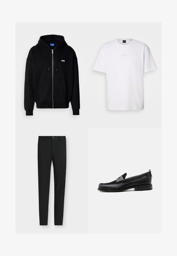 Sudadera con cremallera negra hecha de tejido suave, con un bolsillo frontal, capucha con cordón y un pequeño logo blanco en el lado izquierdo del pecho.; Camiseta de algodón blanca de manga corta, con escote redondo y logotipo grabado de "BOSS" en el pecho. Textura suave, ajuste estándar.; Pantalones negros de corte ajustado con trabillas para cinturón, cierre de botón y bolsillos delanteros, mostrados planos sobre un fondo gris claro.; Mocasín de cuero negro con detalle de tira gris, tacón bajo y suela texturizada, con la marca "HUGO" en oro en el lateral.