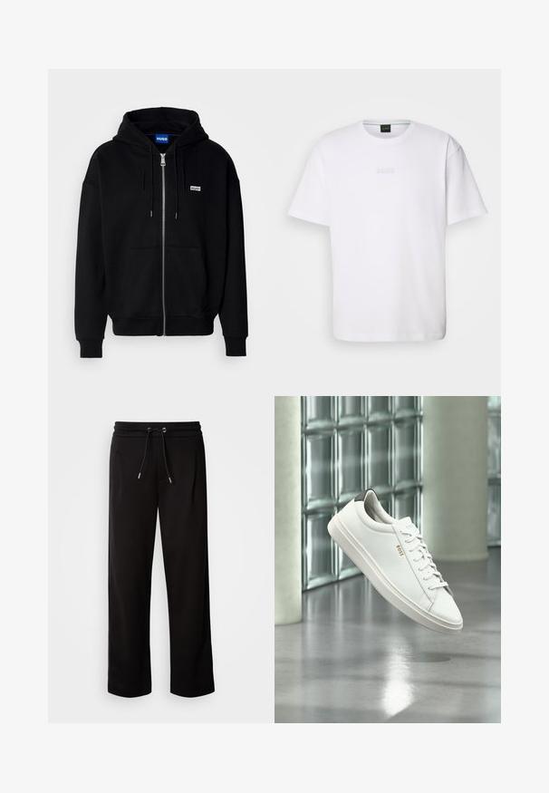 Zwarte ritshoodie van zacht materiaal, met een voorkantzak, een capuchon met koorden en een klein wit logo op de linkerborst.; Witte katoenen T-shirt met korte mouwen, ronde halslijn en reliëf 'BOSS' logo op de borst. Veilig textuur, standaard pasvorm.; Zwarte, loszittende joggingbroek van zachte stof, met een elastische tailleband met een trekkoord en zijzakken.; Witte leren lage sneaker met veters, zwarte hielstrook en "BOSS"-logo, zwevend binnenshuis bij een glazen stenen muur en gepolijste vloer.