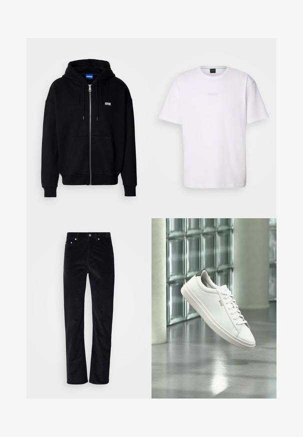 Schwarze Zip-Hoodie aus weichem Stoff, mit einer Fronttasche, Kordelzugkapuze und einem kleinen weißen Logo auf der linken Brust.; Weißes Baumwoll-T-Shirt mit kurzen Ärmeln, rundem Ausschnitt und geprägtem "BOSS"-Logo auf der Brust. Glatte Textur, normale Passform.; Schwarze Cordhosen mit geradem Schnitt. Mit einem Knopfverschluss und Fünf-Taschen-Design. Strukturierter, gerippter Stoff.; Weißer Leder-Low-Top-Sneaker mit Schnürsenkeln, schwarzer Fersenschlaufe und „BOSS“-Logo, der drinnen nahe einer Glassteinwand und einem polierten Boden schwebt.