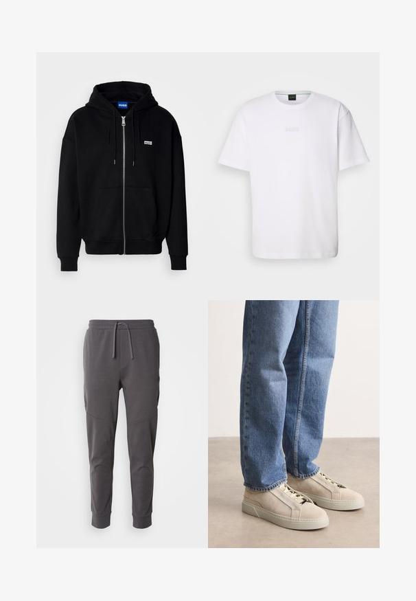 Zwarte ritshoodie van zacht materiaal, met een voorkantzak, een capuchon met koorden en een klein wit logo op de linkerborst.; Witte katoenen T-shirt met korte mouwen, ronde halslijn en reliëf 'BOSS' logo op de borst. Veilig textuur, standaard pasvorm.; Grijze joggingsbroek gemaakt van zachte stof met een elastische tailleband, voorzien van zijzakken en een taps toelopend ontwerp aan de enkels.; BOSS GARYTENN_SDHDEL - Sneakers laag - natural ten