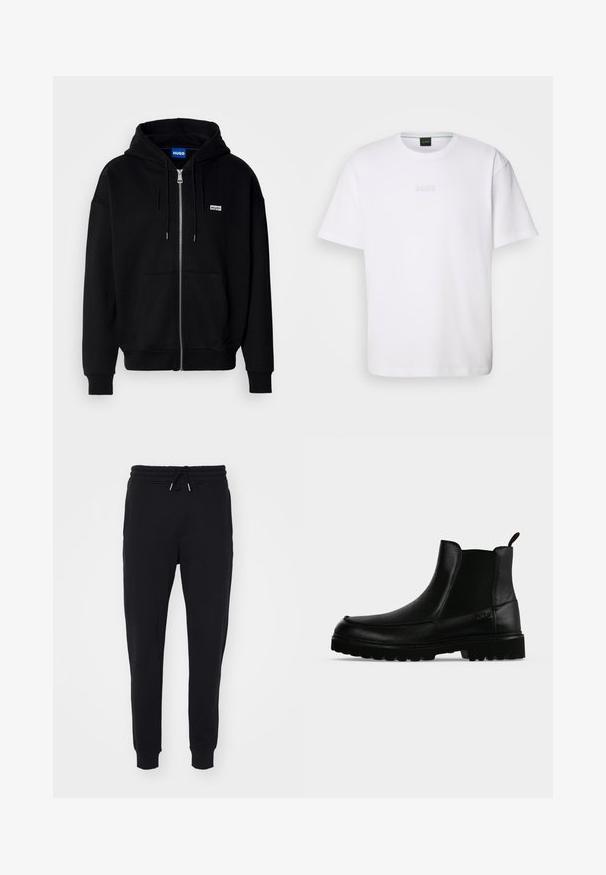 Hoodie zippé noir en tissu doux, avec une poche avant, une capuche à cordon et un petit logo blanc sur la poitrine gauche.; T-shirt en coton blanc à manches courtes, col rond, avec un logo « BOSS » en relief sur la poitrine. Texture lisse, coupe standard.; Pantalons de survêtement noirs en tissu doux, dotés d'une taille élastique avec cordon de serrage, de poches latérales et de finitions ajustées aux chevilles.; Bottine noire en cuir avec semelle texturée, panneaux latéraux élastiques et languette de tirage sur fond gris clair.