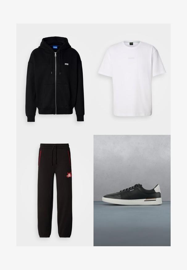 Sort hættejakke med lynlås lavet af blødt stof, med en forlomme, snoretræk i hætten og et lille hvidt logo på venstre bryst.; Hvid bomulds T-shirt med korte ærmer, rund halsudskæring og præget "BOSS" logo på brystet. Glat tekstur, standard pasform.; Sorte sweatpants med elastisk talje, røde accent lynlåse og et fremtrædende broderet logo på venstre lår. Glat tekstur, tætsiddende fit.; Sort lædersneaker med hvid sål, har perforeringer, snørebåndsdesign, logo på siden og kontrasterende hældetalje i hvid og brun.