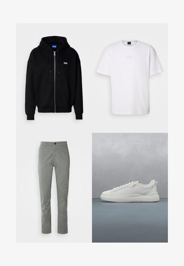 Hoodie zippé noir en tissu doux, avec une poche avant, une capuche à cordon et un petit logo blanc sur la poitrine gauche.; T-shirt en coton blanc à manches courtes, col rond, avec un logo « BOSS » en relief sur la poitrine. Texture lisse, coupe standard.; BOSS CHINO TAPERED - Chino - open grey; Sneaker blanche avec une finition en cuir lisse, bout rond, quatre œillets, perforations subtiles et un détail de logo rouge sur le côté.