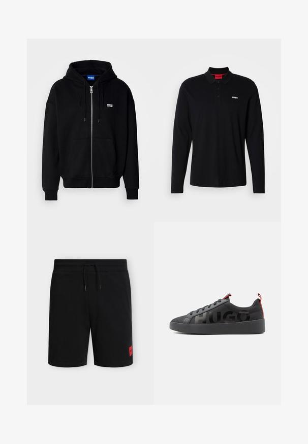 Must mustaga hoodie, mis on valmistatud pehmest kangast, millel on eesmine tasku, nööriga kapuuts ja väike valge logo vasakul rinnal.; Must kleitpoli, millel on pikad varrukad, musta värvi, kummist, punase kraega ja kolme nupuga, valge "HUGO" logo rinnal.; Mustad põlvpikad lühikesed püksid elastse vöökohaga ja nööriga, alumisel vasakul jalal väike punane ristkülikukujuline logo.; Must madalad tossud musta tallaga, mustade paeltega, punaste tõmblukusõlmedega ja suure musta "HUGO" tekstiga küljel.