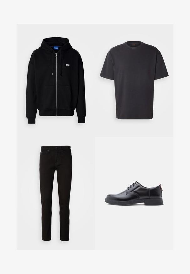 Hoodie zippé noir en tissu doux, avec une poche avant, une capuche à cordon et un petit logo blanc sur la poitrine gauche.; T-shirt noir à manches courtes en coton, avec un col rond et un logo discret au niveau du col. Texture lisse avec une coupe décontractée.; Jeans en denim noir avec une coupe droite, une fermeture éclair et un design à cinq poches. Le tissu a une texture lisse sans motifs visibles.; Chaussures en cuir noir à lacets avec une texture lisse, un bout arrondi et des détails de couture discrets. Présentent une languette rouge à l'arrière.