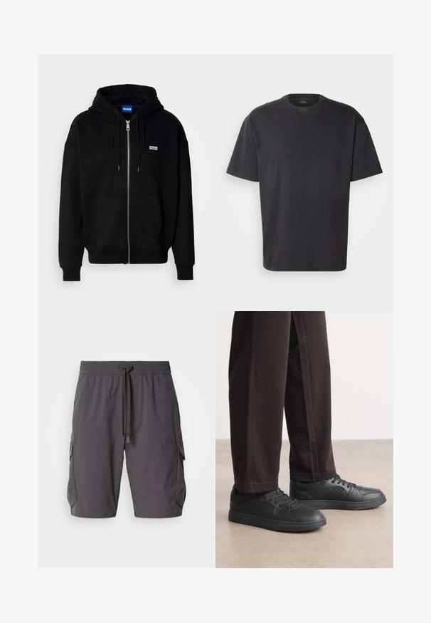 Schwarze Zip-Hoodie aus weichem Stoff, mit einer Fronttasche, Kordelzugkapuze und einem kleinen weißen Logo auf der linken Brust.; Schwarzes T-Shirt mit kurzen Ärmeln aus Baumwolle, mit rundem Halsausschnitt und dezentem Branding am Kragen. Weiche Textur mit lässiger Passform.; Graue Cargo-Shorts aus leichtem Stoff, mit einem Kordelzugbund, Seitentaschen und einem leicht lockeren Schnitt.; Schwarze Sneakers mit einer glatten, lederähnlichen Textur, runder Zehenpartie und Schnürdesign. Kombiniert mit dunklen, locker sitzenden Hosen. Flache Gummisohle.