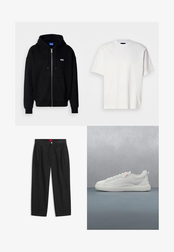 Sort hættejakke med lynlås lavet af blødt stof, med en forlomme, snoretræk i hætten og et lille hvidt logo på venstre bryst.; Hvid bomulds T-shirt med rund hals, korte ærmer og præget cirkulært logo på venstre bryst. Glat tekstur og normale pasform.; Sorte bukser med høj talje med forreste læg, bæltestropper, knap og lynlås lukning samt en rød label indeni linningen.; Hvide sneakers med en glat læderfinish, rund tå, fire snørehuller, subtile perforeringer og en rød logo detalje på siden.