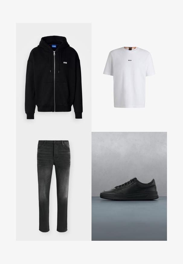Zwarte ritshoodie van zacht materiaal, met een voorkantzak, een capuchon met koorden en een klein wit logo op de linkerborst.; Witte katoenen T-shirt met korte mouwen, voorzien van een zwart "BOSS"-logo in het midden van de borst en een ronde halsontwerp.; Zwarte skinny-fit jeans met vervaagde details, vijfzakkenstijl en knoopsluiting in de taille.; Zwarte sneaker met een glad leren bovenwerk, ronde neus, platte veters, gewatteerde kraag en minimalistisch design. Rubberen zool met een subtiel profiel.