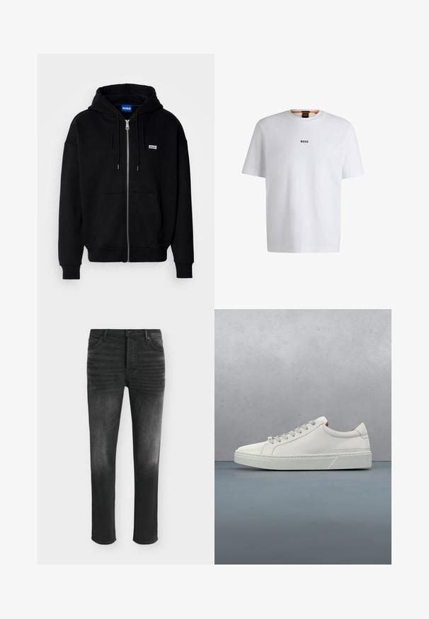 Zwarte ritshoodie van zacht materiaal, met een voorkantzak, een capuchon met koorden en een klein wit logo op de linkerborst.; Witte katoenen T-shirt met korte mouwen, voorzien van een zwart "BOSS"-logo in het midden van de borst en een ronde halsontwerp.; Zwarte skinny-fit jeans met vervaagde details, vijfzakkenstijl en knoopsluiting in de taille.; Witte leren sneaker met een ronde neus, minimalistisch ontwerp, grijze veters en een gestructureerde grijze rubberen zool. Fijne stikdetails zichtbaar.