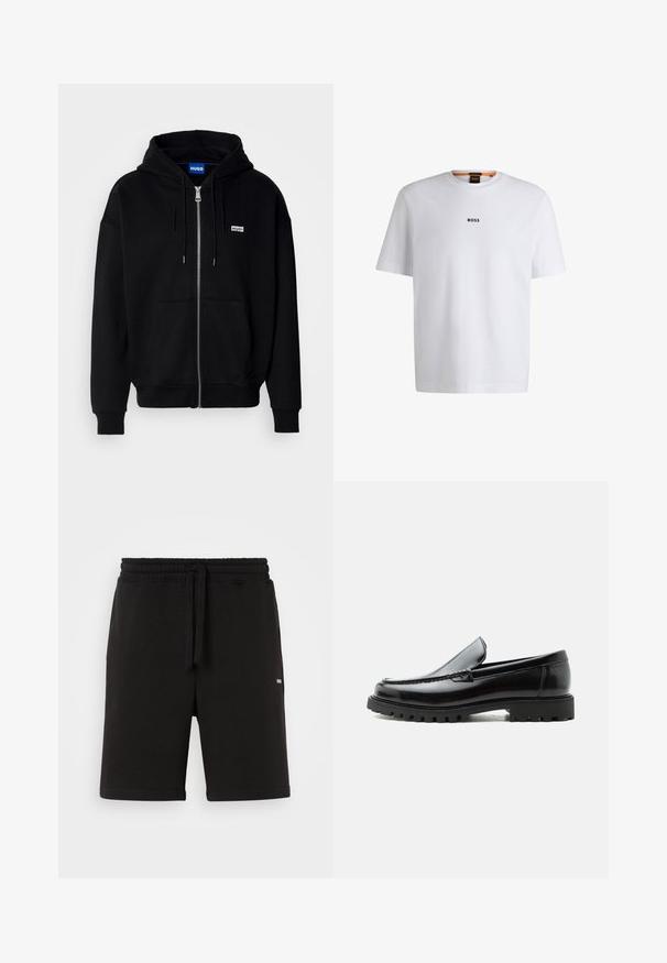 Hoodie zippé noir en tissu doux, avec une poche avant, une capuche à cordon et un petit logo blanc sur la poitrine gauche.; T-shirt en coton blanc à manches courtes, avec un logo noir "BOSS" centré sur la poitrine et un design à col rond.; Shorts en coton noir avec une taille élastique et un cordon de serrage. Dotés de poches latérales et d'un petit logo à l'avant. Texture lisse.; Mocassin en cuir noir avec semelle en caoutchouc épaisse, dessus cousu et nom de marque embossé sur le talon, présenté de profil sur fond blanc.