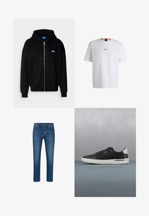 Schwarze Zip-Hoodie aus weichem Stoff, mit einer Fronttasche, Kordelzugkapuze und einem kleinen weißen Logo auf der linken Brust.; Weißes Baumwoll-T-Shirt mit kurzen Ärmeln, ausgestattet mit einem schwarzen "BOSS"-Logo, das mittig auf der Brust platziert ist, und einem runden Halsausschnitt.; Blaue Denim-Jeans mit geradem Schnitt, ausgestattet mit fünf Taschen, Gürtelschlaufen und einem Knopfverschluss. Leichte Abnutzungsspuren und kontrastierende Nähte.; Schwarze Ledersneaker mit weißer Sohle, ausgestattet mit Perforationen, Schnürdesign, Logo an der Seite und kontrastierenden Fersendetails in Weiß und Braun.
