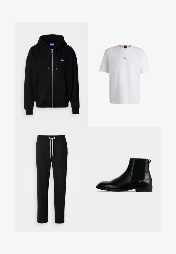 Must mustaga hoodie, mis on valmistatud pehmest kangast, millel on eesmine tasku, nööriga kapuuts ja väike valge logo vasakul rinnal.; Valge puuvillane T-särk lühikeste varrukatega, millel on must "BOSS" logo, mis on keskendatud rinnale, ja ümmargune kaelaava disain.; Mustad mustad, pehmest kangast, millel on elastne vöökoht ja sellele paigutatud nöör ning küljetaskud. Igapäevane disain sirge lõikega.; Mustast nahast pahklu saabastel on elastne külgpaneel, madal konts, tagumine tõmblint ja väike kuldne "HUGO" logo välisküljel.
