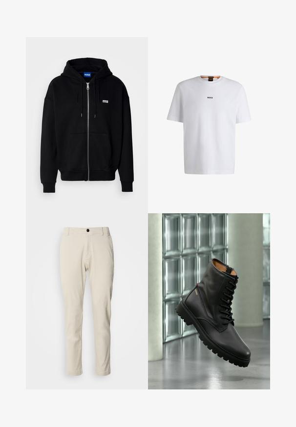 Zwarte ritshoodie van zacht materiaal, met een voorkantzak, een capuchon met koorden en een klein wit logo op de linkerborst.; Witte katoenen T-shirt met korte mouwen, voorzien van een zwart "BOSS"-logo in het midden van de borst en een ronde halsontwerp.; Beige chino's met een rechtstaande pijp, gemaakt van zachte katoenstof, voorzien van een rits en een enkele zwarte knoopsluiting.; Zwarte leren vetercombatlaars met dikke zool, gouden "HUGO"-logo aan de zijkant, getoond in een moderne binnenomgeving met glazen blok muur op de achtergrond.