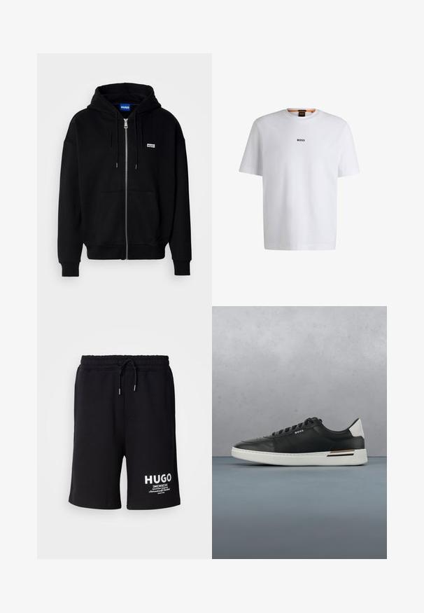 Schwarze Zip-Hoodie aus weichem Stoff, mit einer Fronttasche, Kordelzugkapuze und einem kleinen weißen Logo auf der linken Brust.; Weißes Baumwoll-T-Shirt mit kurzen Ärmeln, ausgestattet mit einem schwarzen "BOSS"-Logo, das mittig auf der Brust platziert ist, und einem runden Halsausschnitt.; Schwarze Baumwollshorts mit einem elastischen Bund und Kordelzug. Weißes "HUGO"-Logo am linken Bein. Einfaches Design, knielanger Schnitt.; Schwarze Ledersneaker mit weißer Sohle, ausgestattet mit Perforationen, Schnürdesign, Logo an der Seite und kontrastierenden Fersendetails in Weiß und Braun.