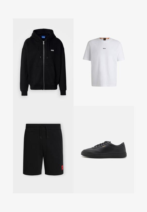 Sort hættejakke med lynlås lavet af blødt stof, med en forlomme, snoretræk i hætten og et lille hvidt logo på venstre bryst.; Hvid bomuld T-shirt med korte ærmer, med et sort "BOSS" logo centreret på brystet og en rund halsudskæring.; Sorte knælange shorts med elastisk taljebånd og snøre, med en lille rød rektangulær logo-patch på venstre underben.; Sorte lædersneakers med en glat overflade, rund tå, flad gummisål og tonede snørebånd. Udstyret med guld "BOSS" branding på siden.