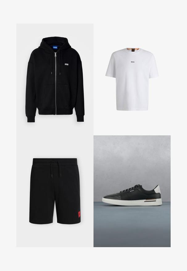Schwarze Zip-Hoodie aus weichem Stoff, mit einer Fronttasche, Kordelzugkapuze und einem kleinen weißen Logo auf der linken Brust.; Weißes Baumwoll-T-Shirt mit kurzen Ärmeln, ausgestattet mit einem schwarzen "BOSS"-Logo, das mittig auf der Brust platziert ist, und einem runden Halsausschnitt.; Schwarze knielange Shorts mit elastischem Bund und Kordelzug, mit einem kleinen roten rechteckigen Logo-Patch am unteren linken Bein.; Schwarze Ledersneaker mit weißer Sohle, ausgestattet mit Perforationen, Schnürdesign, Logo an der Seite und kontrastierenden Fersendetails in Weiß und Braun.