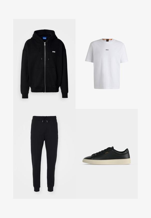 Hoodie zippé noir en tissu doux, avec une poche avant, une capuche à cordon et un petit logo blanc sur la poitrine gauche.; T-shirt en coton blanc à manches courtes, avec un logo noir "BOSS" centré sur la poitrine et un design à col rond.; Pantalons de survêtement noirs en tissu doux, dotés d'une taille élastique avec cordon de serrage, de poches latérales et de finitions ajustées aux chevilles.; Baskets basses en cuir noir avec semelle blanche, lacets noirs et petit logo BOSS doré sur le côté.