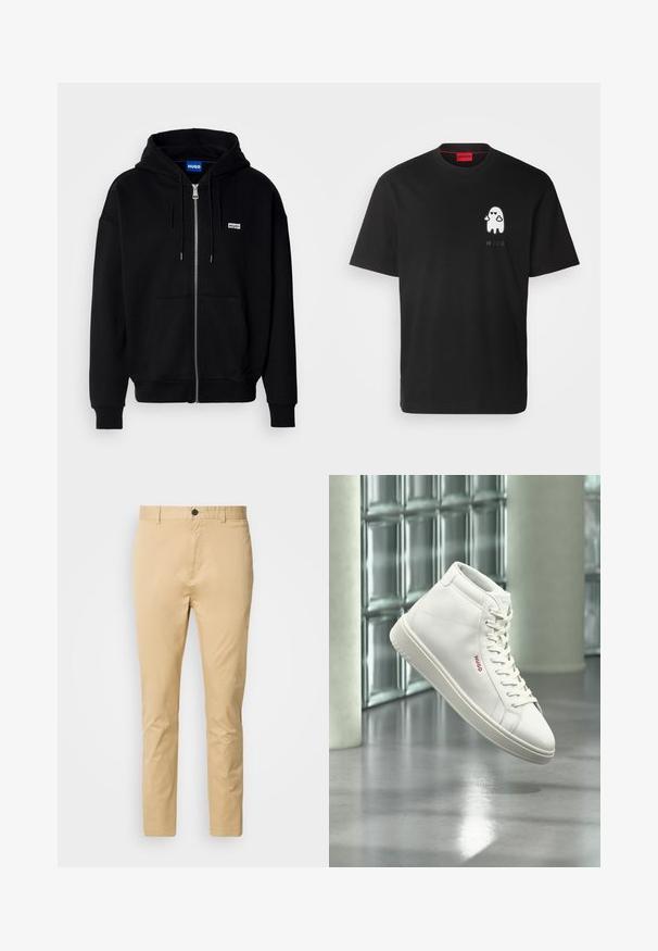 Sudadera con cremallera negra hecha de tejido suave, con un bolsillo frontal, capucha con cordón y un pequeño logo blanco en el lado izquierdo del pecho.; HUGO DICATIKO - Camiseta estampada - black; Chinos beige de algodón con una textura suave. Incluyen un cierre de botón, pasadores para cinturón y se estrechan hacia el tobillo.; Zapatilla blanca de caña alta con cordones y logo rojo "Hugo" en el lateral, flotando sobre un suelo gris reflectante en un entorno interior moderno.